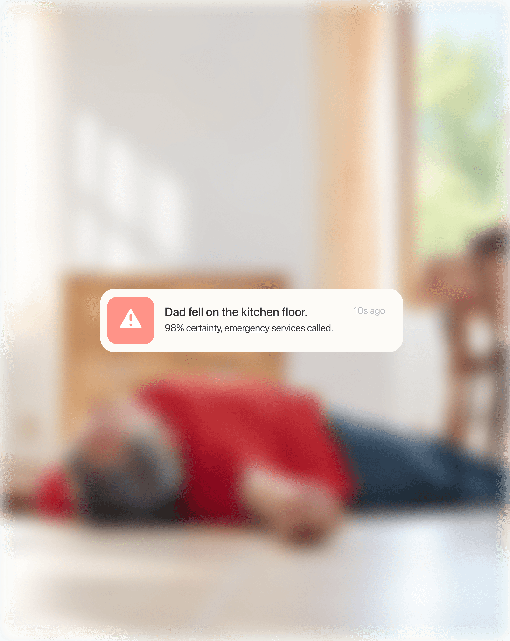 Illustration of a possible fall alert beside an older man on the floor