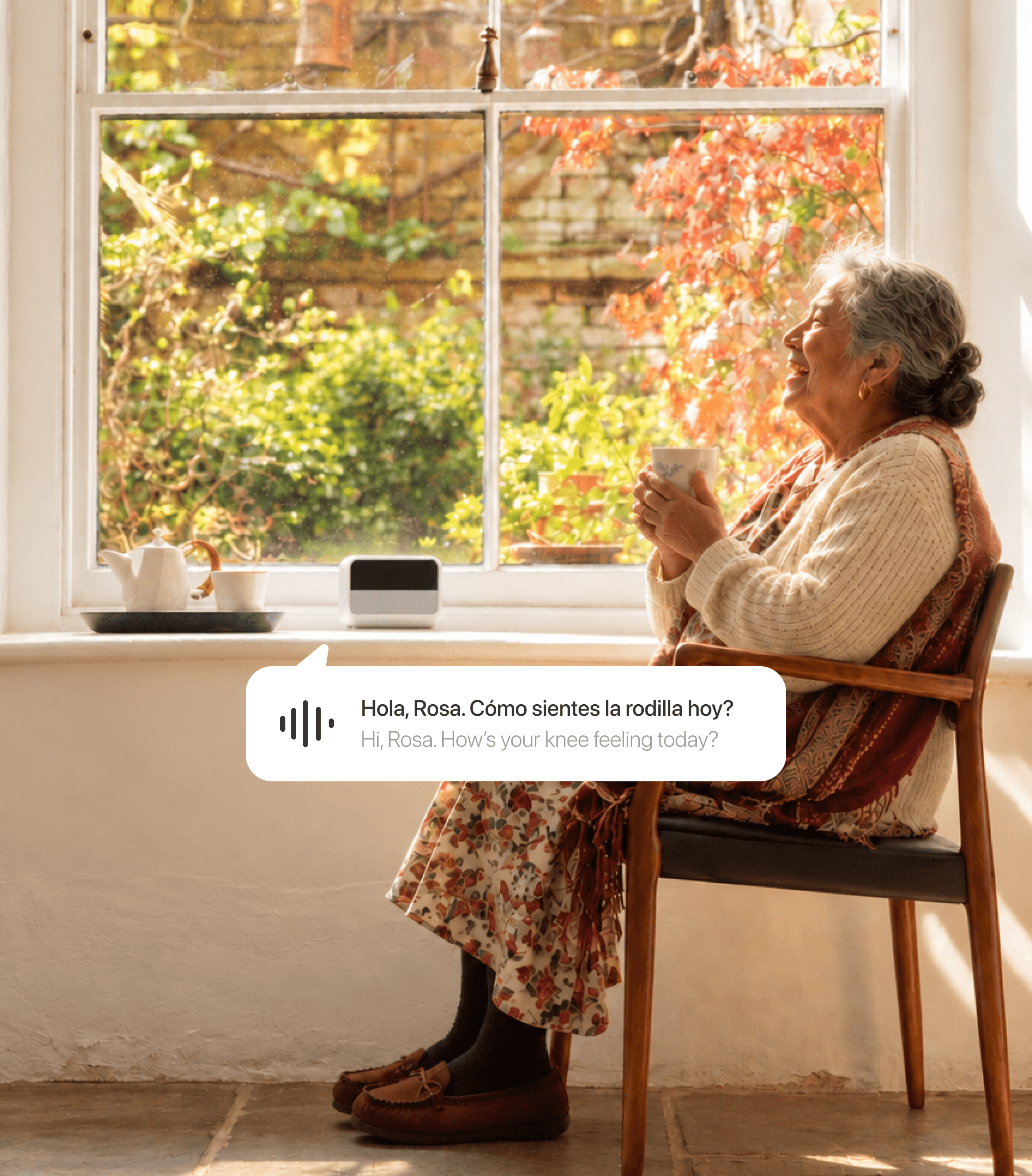 An older woman receiving a spoken check-in in Spanish with an English translation