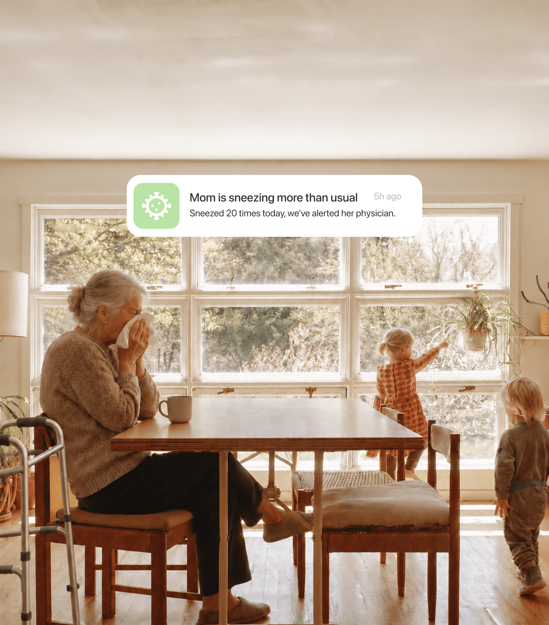 An older woman sneezing beside her grandchildren, with a habit summary notification